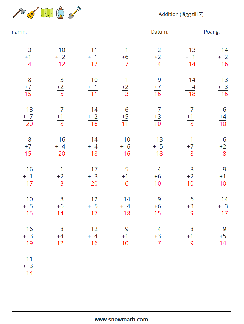 (50) Addition (lägg till 7) Matematiska arbetsblad 9 Fråga, svar