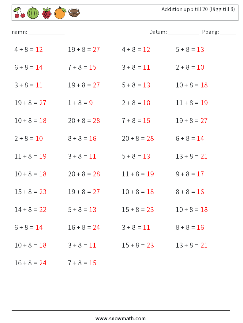 (50) Addition upp till 20 (lägg till 8) Matematiska arbetsblad 1 Fråga, svar