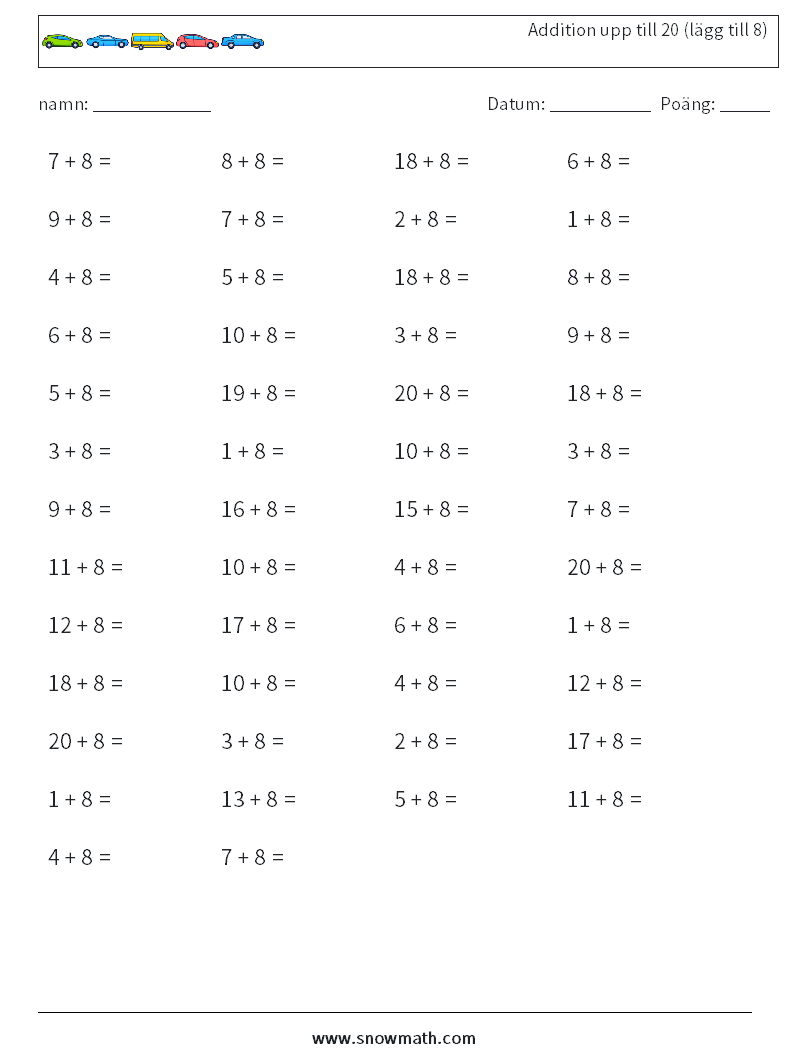 (50) Addition upp till 20 (lägg till 8) Matematiska arbetsblad 2