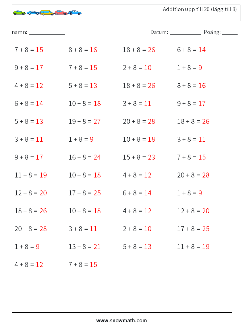 (50) Addition upp till 20 (lägg till 8) Matematiska arbetsblad 2 Fråga, svar