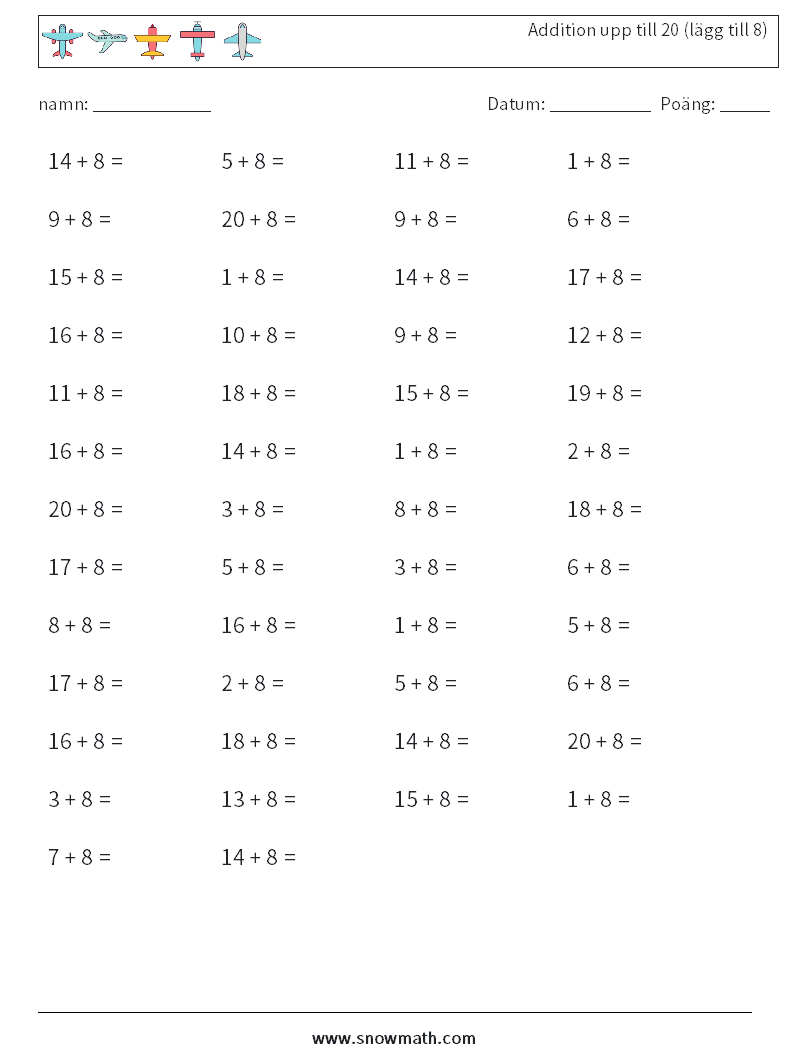 (50) Addition upp till 20 (lägg till 8) Matematiska arbetsblad 3