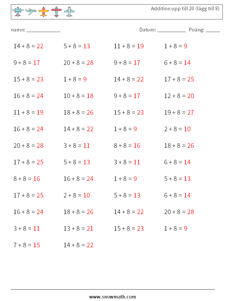 (50) Addition upp till 20 (lägg till 8) Matematiska arbetsblad 3 Fråga, svar