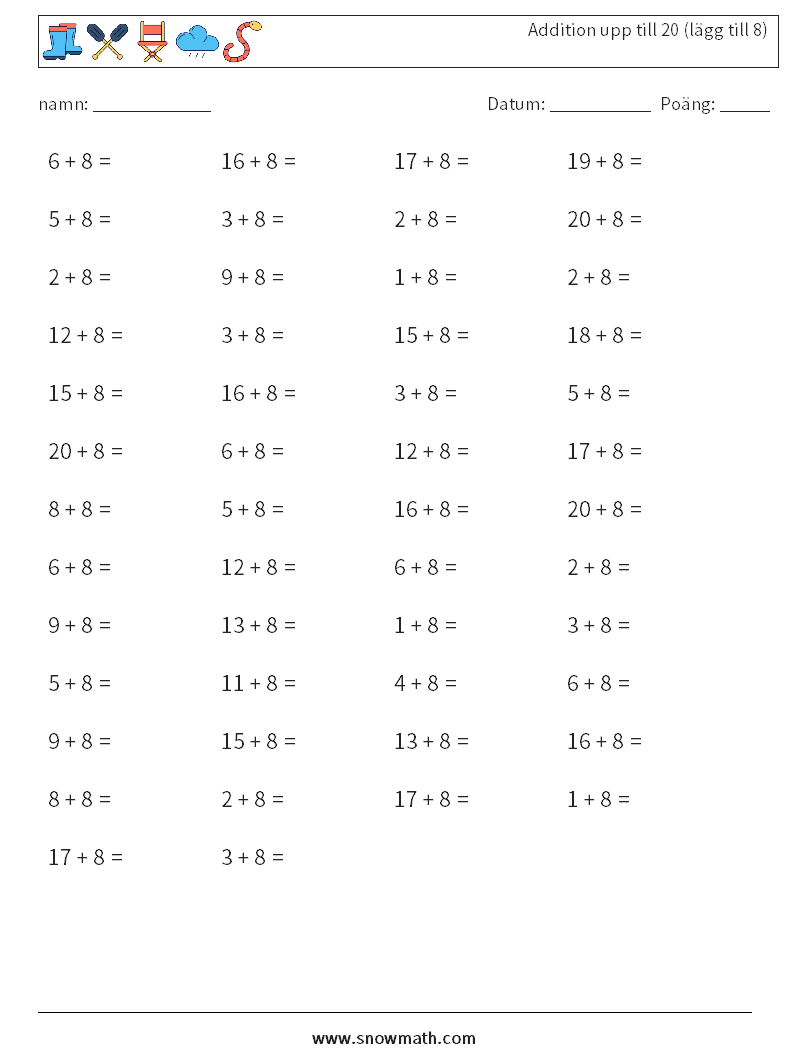 (50) Addition upp till 20 (lägg till 8) Matematiska arbetsblad 4