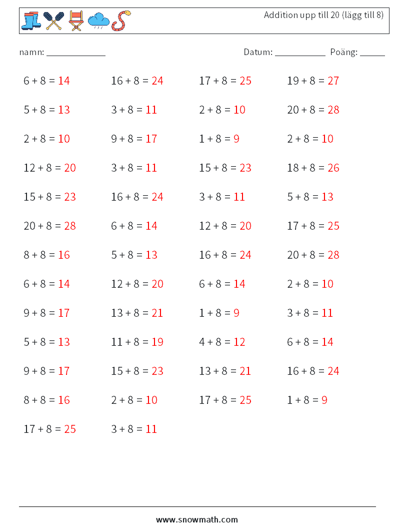 (50) Addition upp till 20 (lägg till 8) Matematiska arbetsblad 4 Fråga, svar