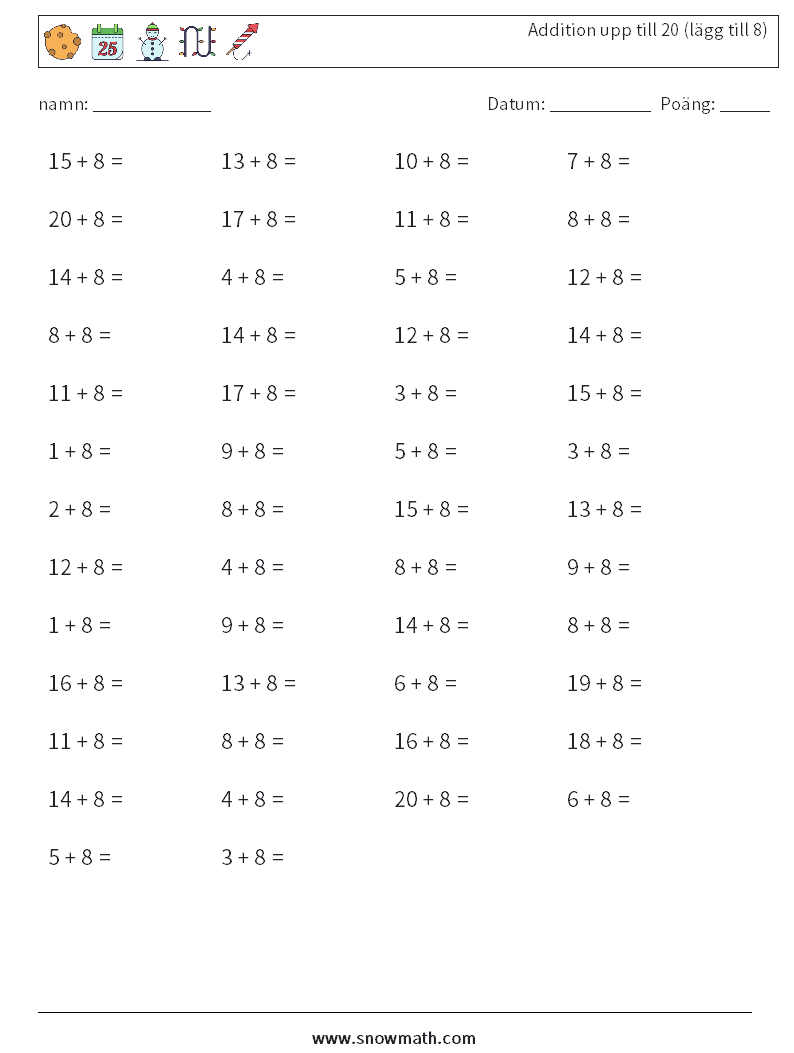 (50) Addition upp till 20 (lägg till 8) Matematiska arbetsblad 5