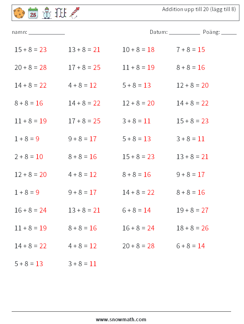 (50) Addition upp till 20 (lägg till 8) Matematiska arbetsblad 5 Fråga, svar