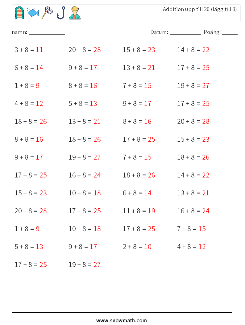 (50) Addition upp till 20 (lägg till 8) Matematiska arbetsblad 7 Fråga, svar