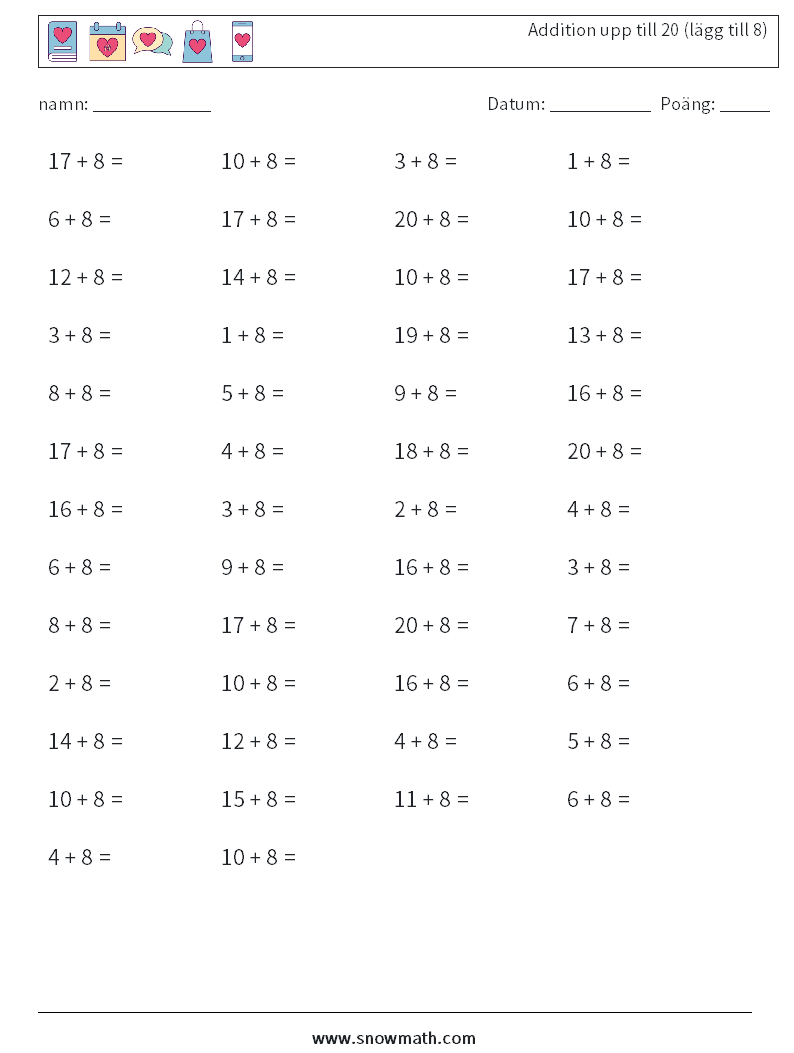 (50) Addition upp till 20 (lägg till 8) Matematiska arbetsblad 8