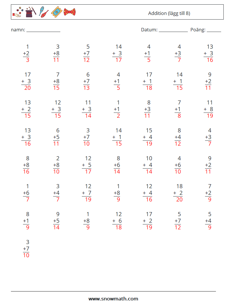 (50) Addition (lägg till 8) Matematiska arbetsblad 1 Fråga, svar