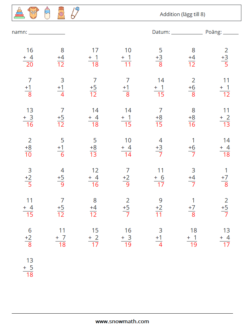 (50) Addition (lägg till 8) Matematiska arbetsblad 4 Fråga, svar