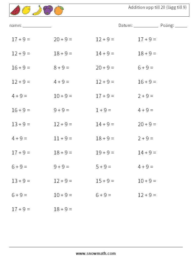 (50) Addition upp till 20 (lägg till 9) Matematiska arbetsblad 1