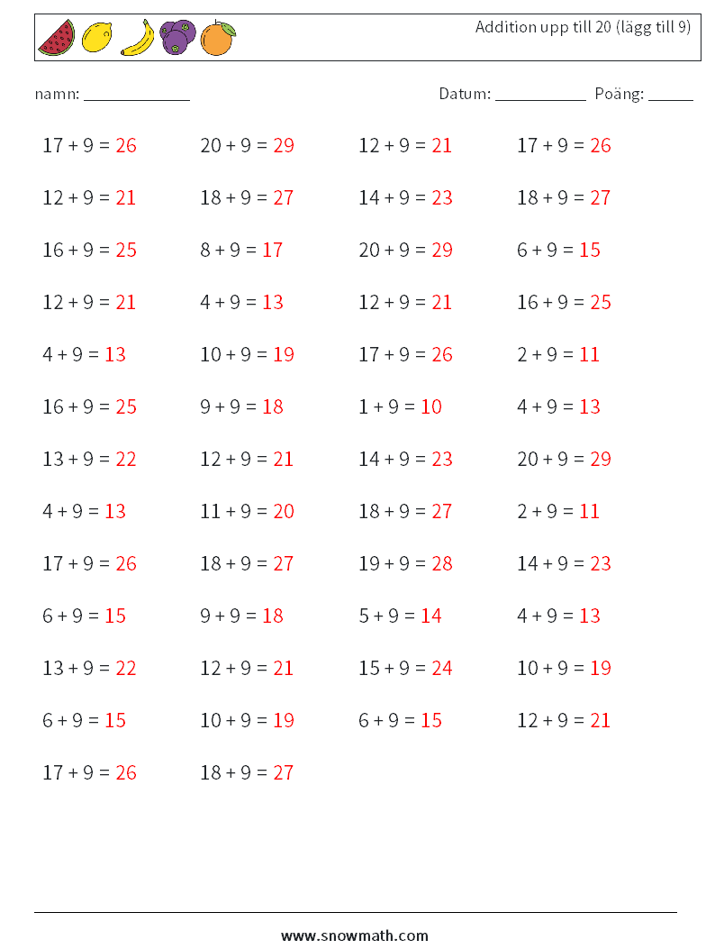 (50) Addition upp till 20 (lägg till 9) Matematiska arbetsblad 1 Fråga, svar