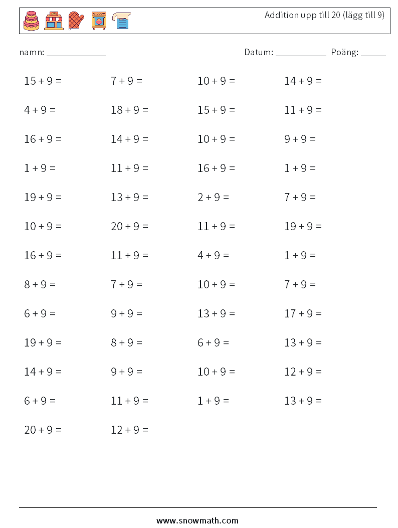 (50) Addition upp till 20 (lägg till 9) Matematiska arbetsblad 2