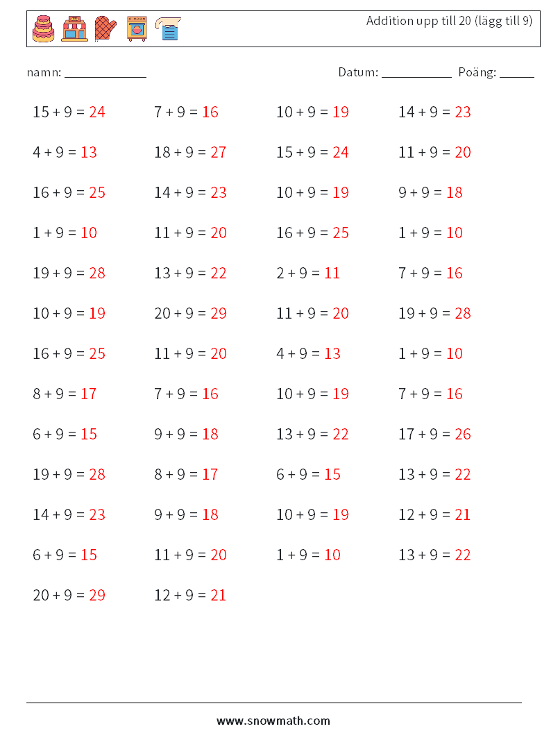 (50) Addition upp till 20 (lägg till 9) Matematiska arbetsblad 2 Fråga, svar