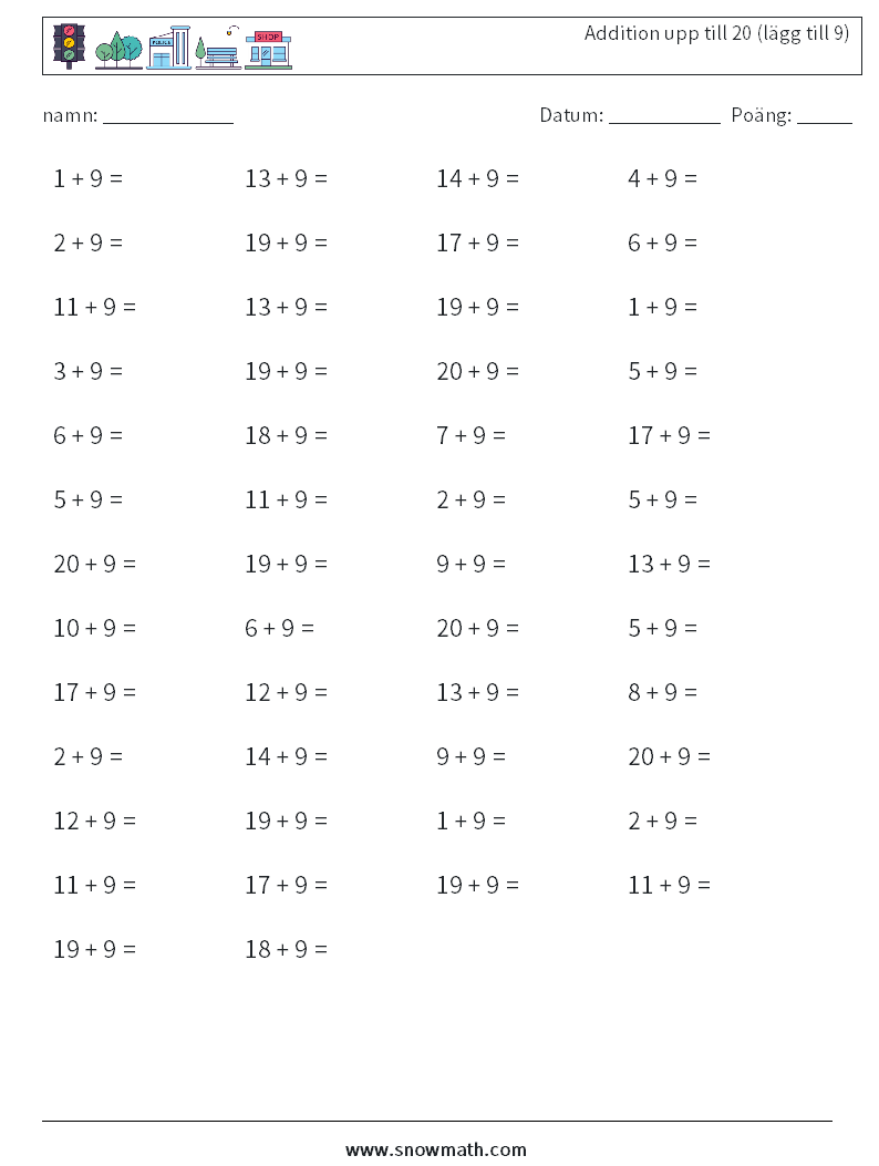 (50) Addition upp till 20 (lägg till 9) Matematiska arbetsblad 3