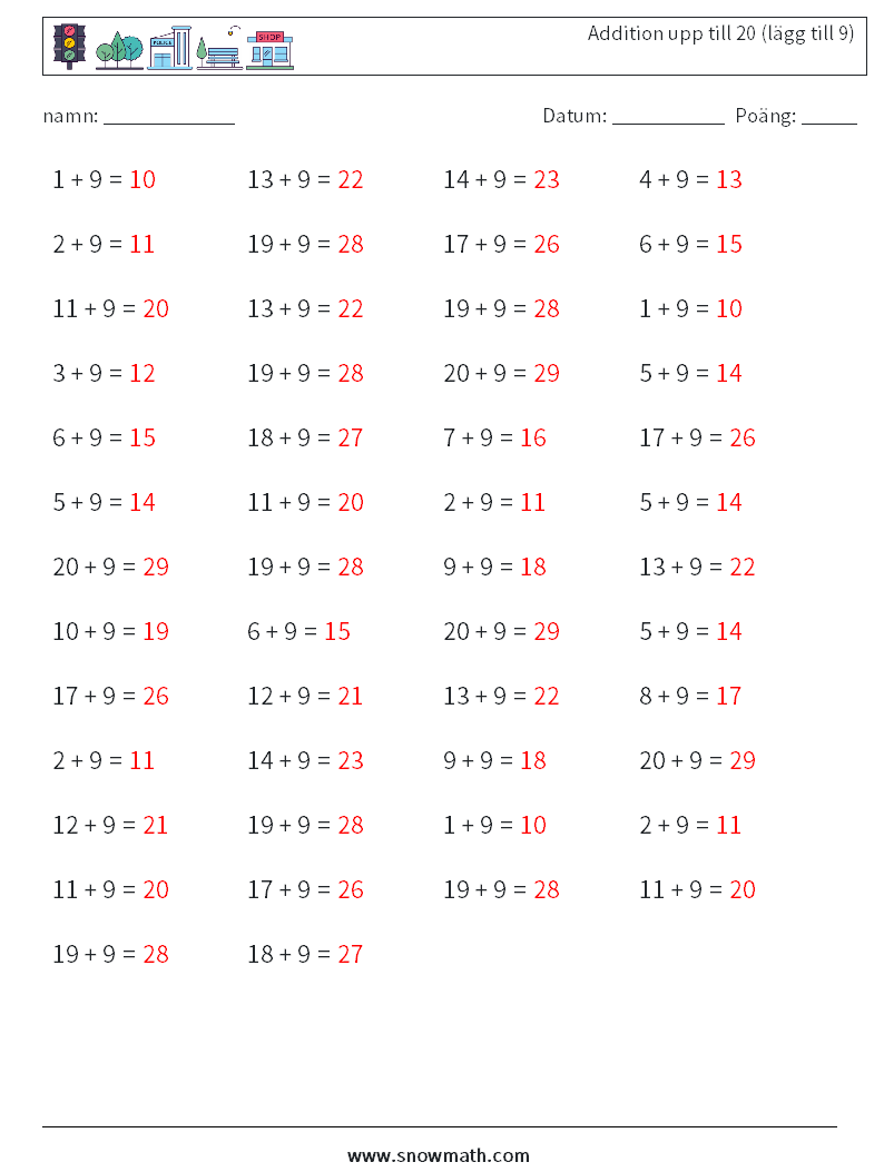 (50) Addition upp till 20 (lägg till 9) Matematiska arbetsblad 3 Fråga, svar