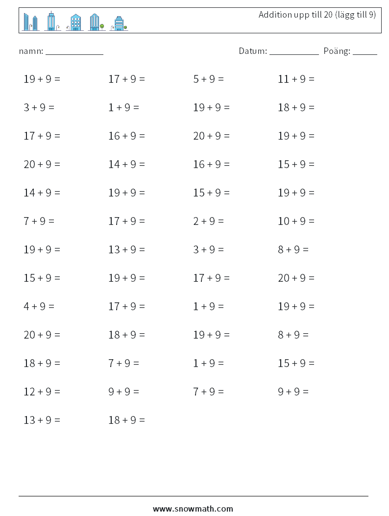 (50) Addition upp till 20 (lägg till 9) Matematiska arbetsblad 4