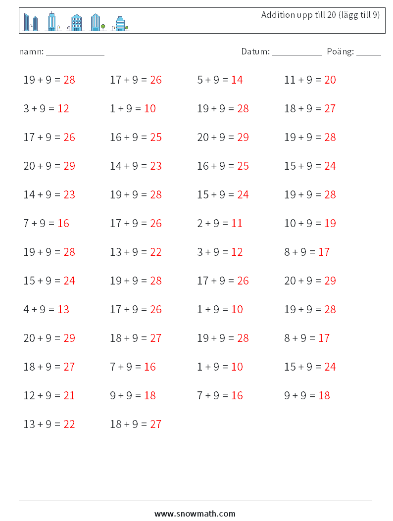(50) Addition upp till 20 (lägg till 9) Matematiska arbetsblad 4 Fråga, svar