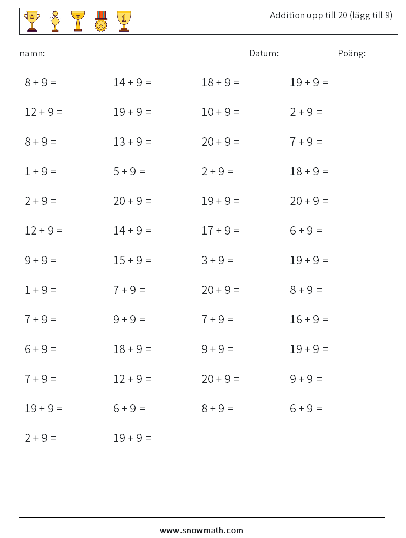 (50) Addition upp till 20 (lägg till 9) Matematiska arbetsblad 5