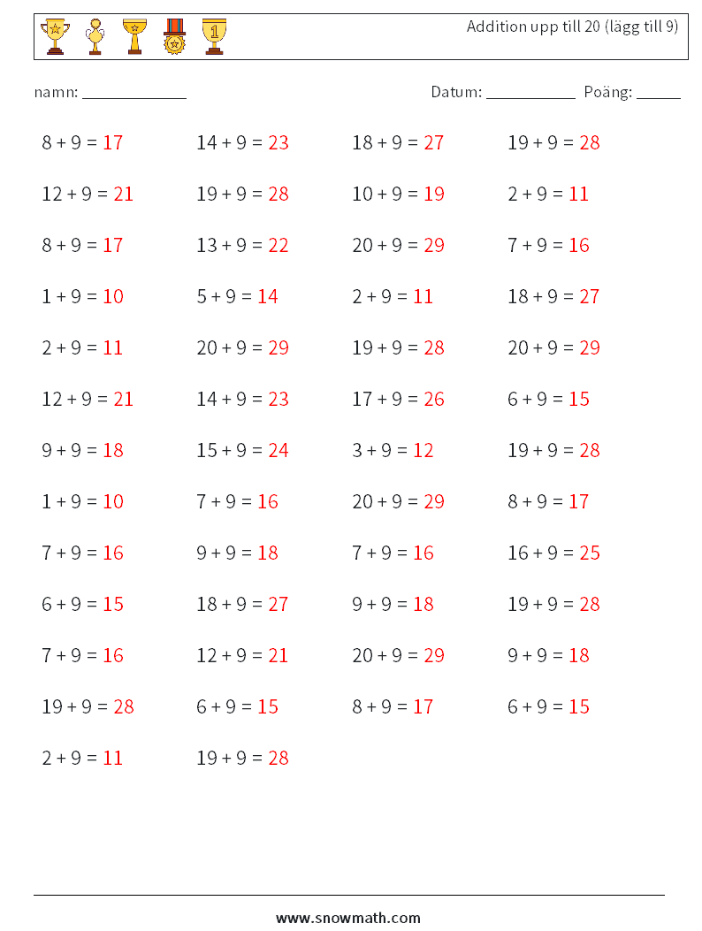 (50) Addition upp till 20 (lägg till 9) Matematiska arbetsblad 5 Fråga, svar