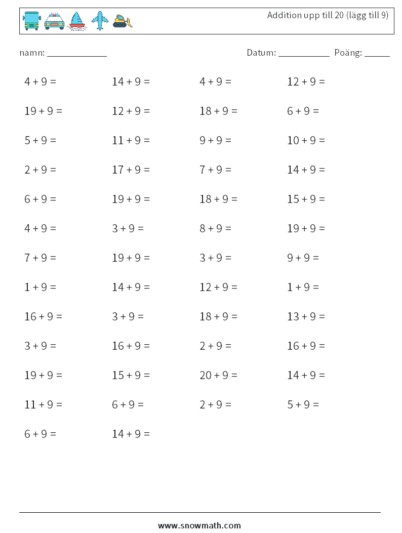 (50) Addition upp till 20 (lägg till 9) Matematiska arbetsblad 6