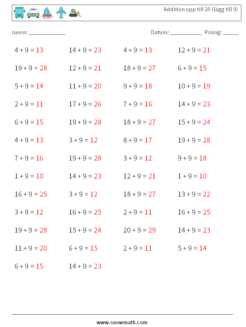 (50) Addition upp till 20 (lägg till 9) Matematiska arbetsblad 6 Fråga, svar