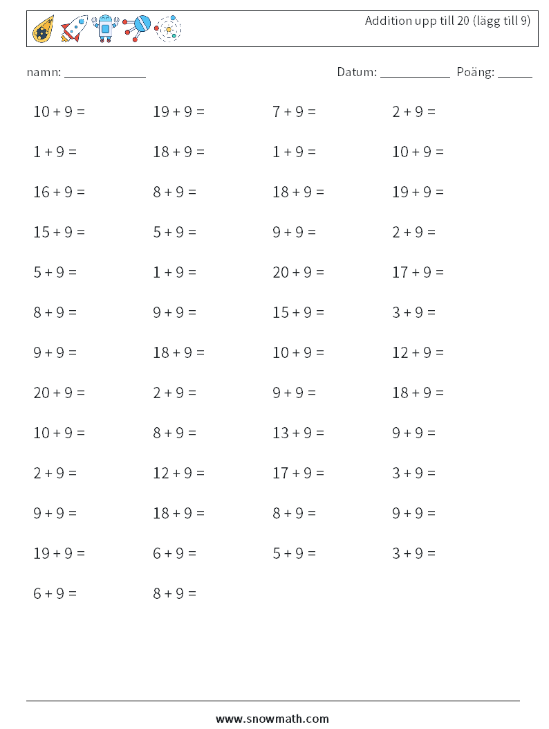 (50) Addition upp till 20 (lägg till 9) Matematiska arbetsblad 7