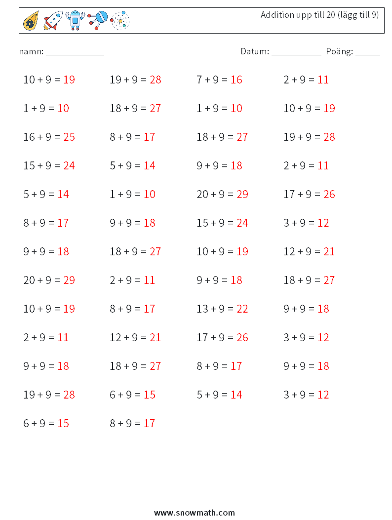 (50) Addition upp till 20 (lägg till 9) Matematiska arbetsblad 7 Fråga, svar