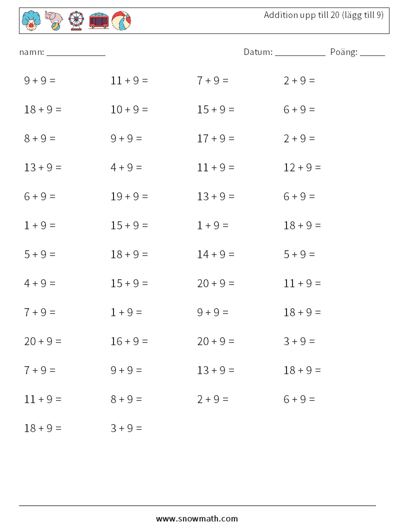 (50) Addition upp till 20 (lägg till 9) Matematiska arbetsblad 8