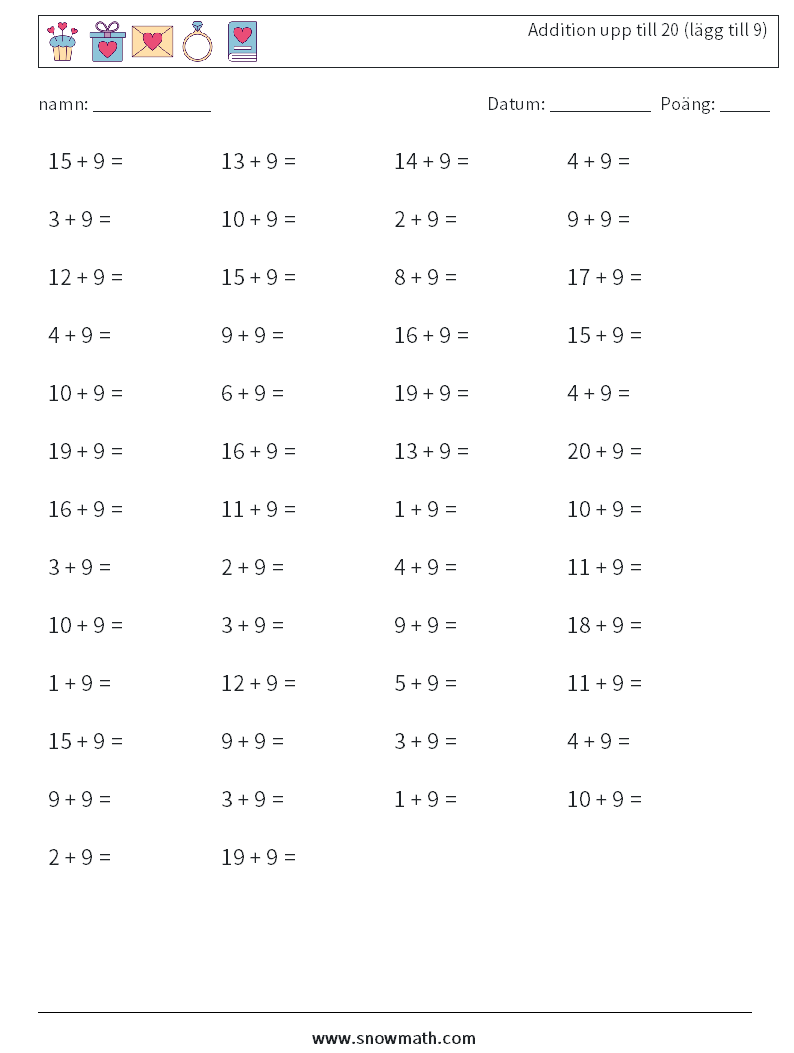 (50) Addition upp till 20 (lägg till 9) Matematiska arbetsblad 9