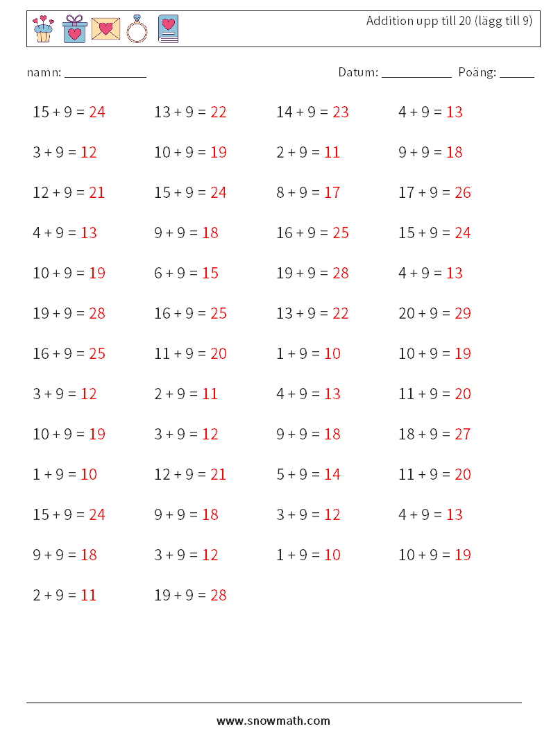 (50) Addition upp till 20 (lägg till 9) Matematiska arbetsblad 9 Fråga, svar