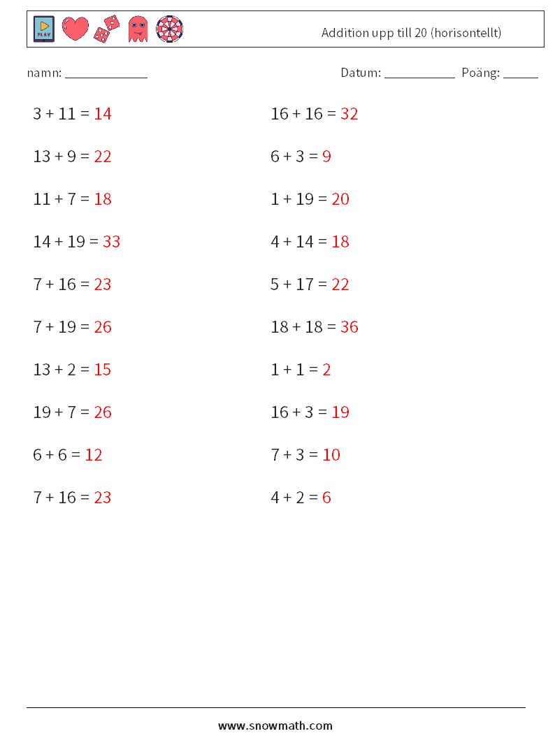 (20) Addition upp till 20 (horisontellt) Matematiska arbetsblad 1 Fråga, svar