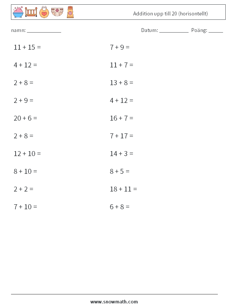 (20) Addition upp till 20 (horisontellt) Matematiska arbetsblad 2