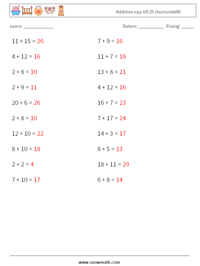 (20) Addition upp till 20 (horisontellt) Matematiska arbetsblad 2 Fråga, svar