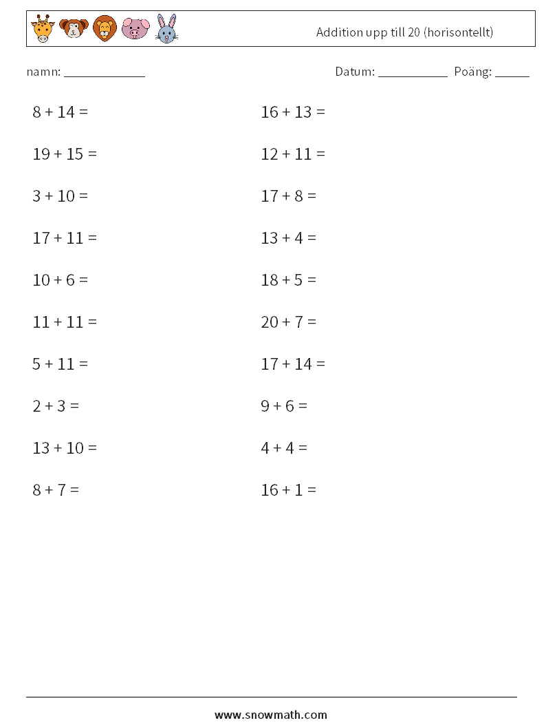 (20) Addition upp till 20 (horisontellt) Matematiska arbetsblad 3