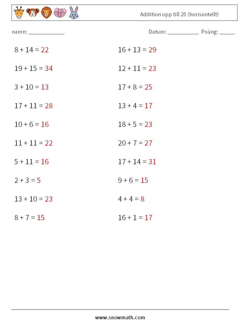 (20) Addition upp till 20 (horisontellt) Matematiska arbetsblad 3 Fråga, svar