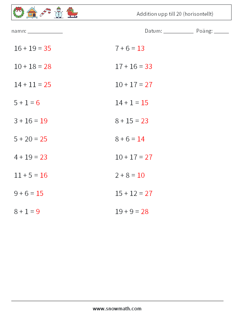 (20) Addition upp till 20 (horisontellt) Matematiska arbetsblad 4 Fråga, svar