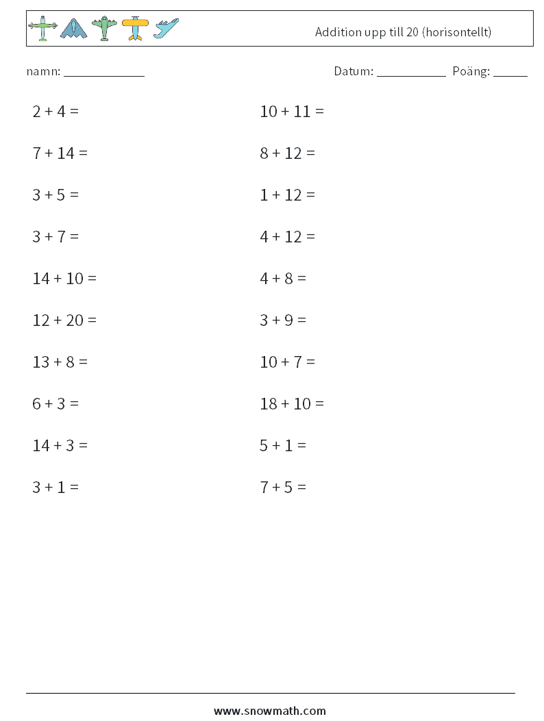 (20) Addition upp till 20 (horisontellt) Matematiska arbetsblad 5