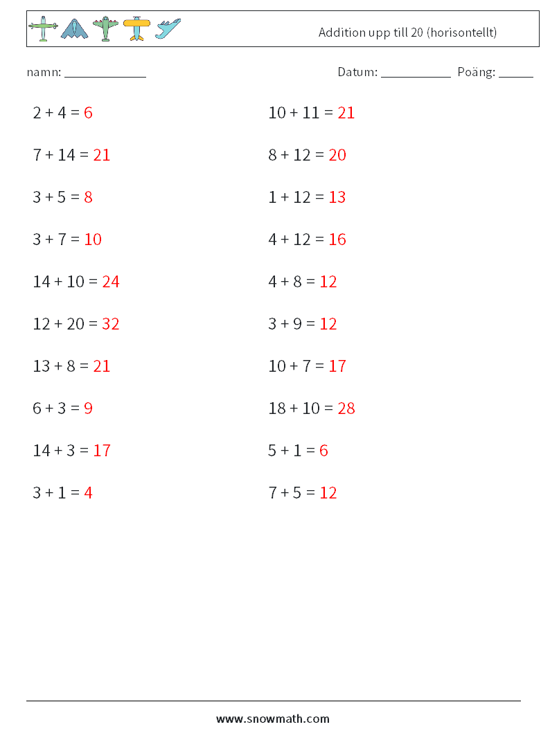 (20) Addition upp till 20 (horisontellt) Matematiska arbetsblad 5 Fråga, svar