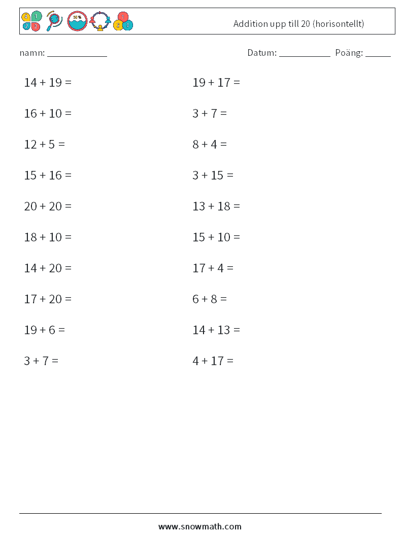 (20) Addition upp till 20 (horisontellt) Matematiska arbetsblad 6