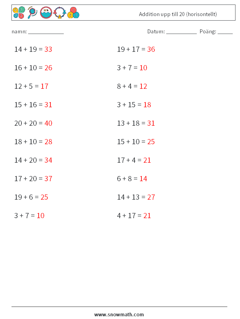 (20) Addition upp till 20 (horisontellt) Matematiska arbetsblad 6 Fråga, svar