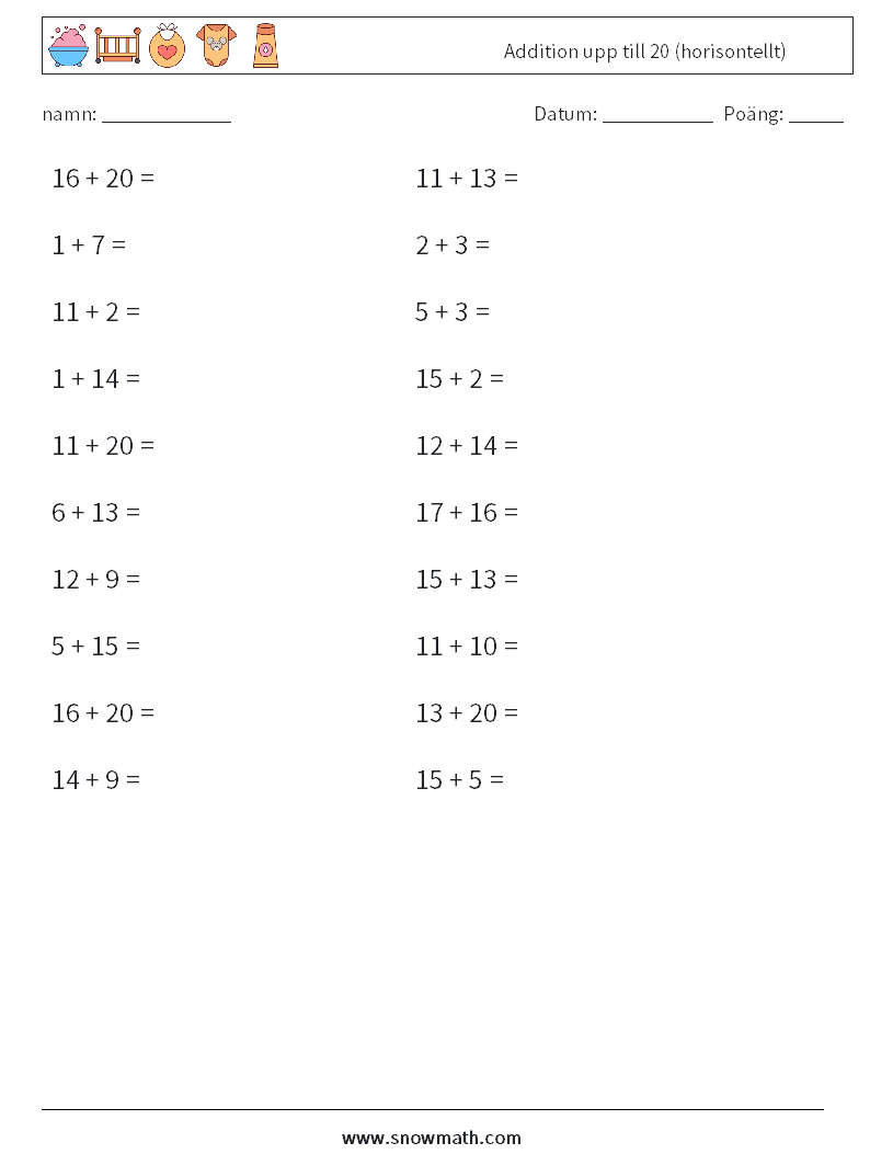 (20) Addition upp till 20 (horisontellt) Matematiska arbetsblad 7