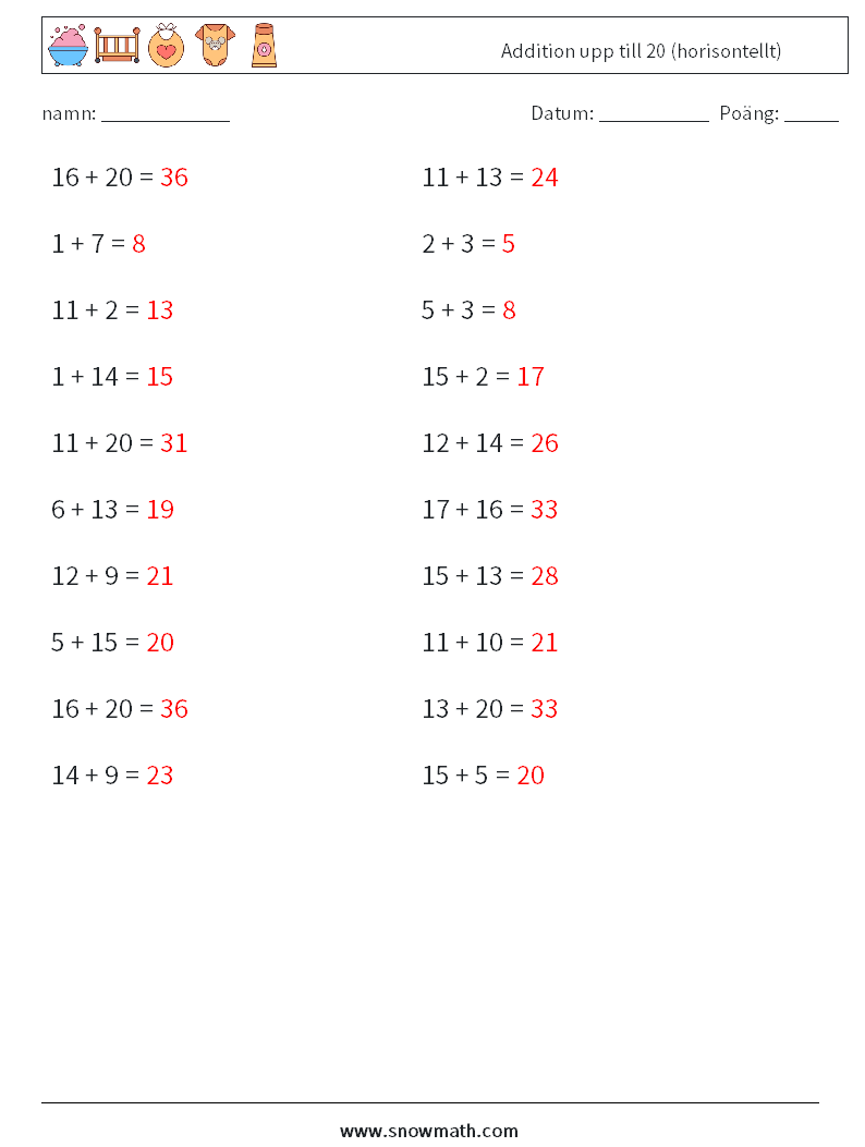 (20) Addition upp till 20 (horisontellt) Matematiska arbetsblad 7 Fråga, svar