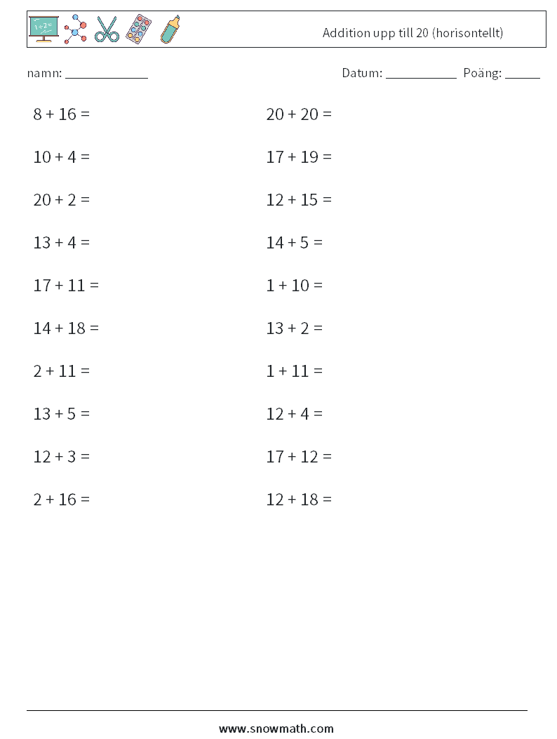 (20) Addition upp till 20 (horisontellt) Matematiska arbetsblad 8