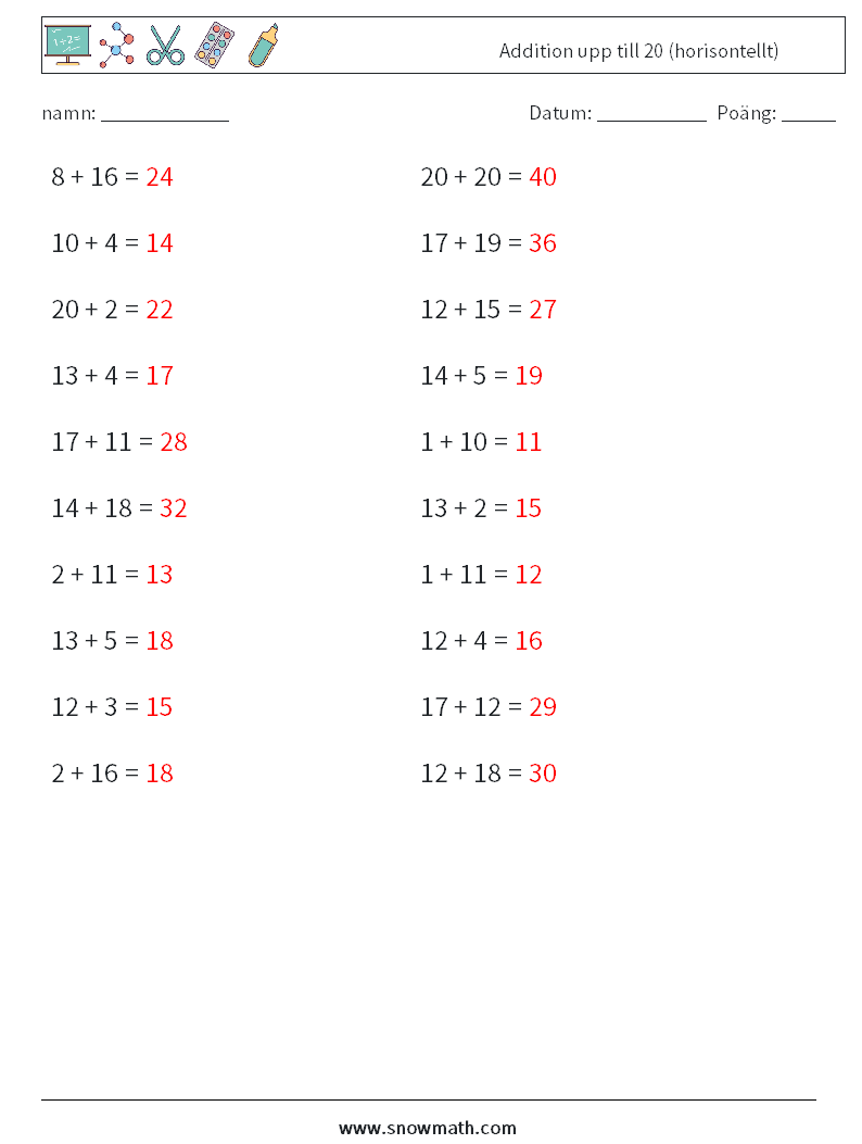 (20) Addition upp till 20 (horisontellt) Matematiska arbetsblad 8 Fråga, svar