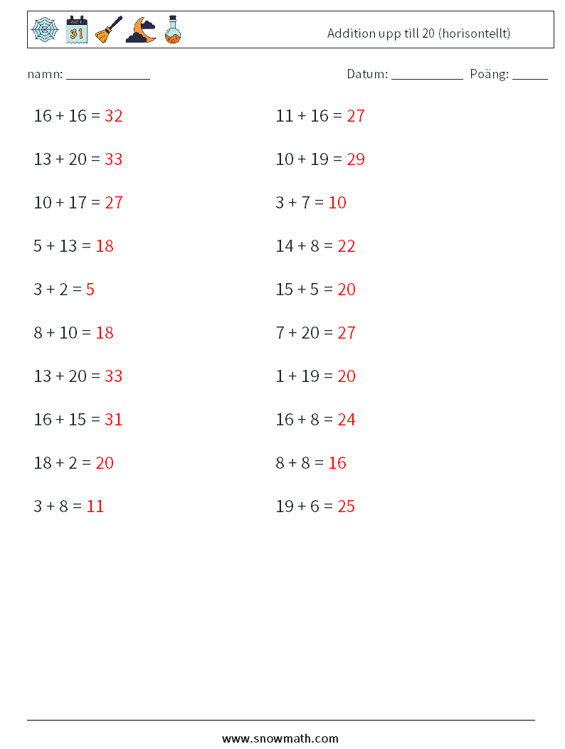 (20) Addition upp till 20 (horisontellt) Matematiska arbetsblad 9 Fråga, svar