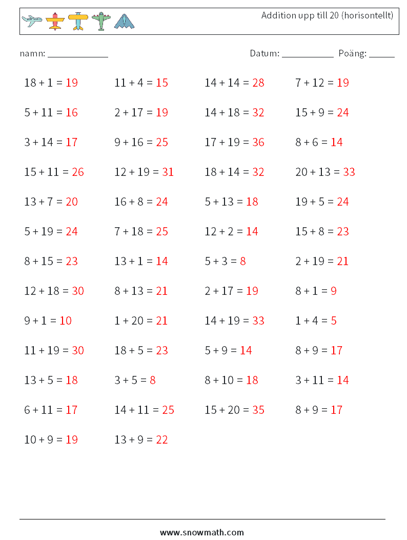 (50) Addition upp till 20 (horisontellt) Matematiska arbetsblad 8 Fråga, svar