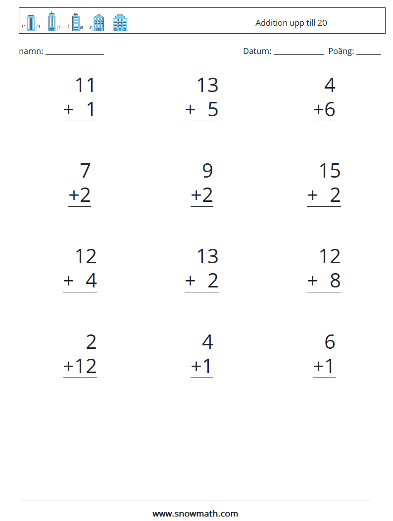 (12) Addition upp till 20 Matematiska arbetsblad 1