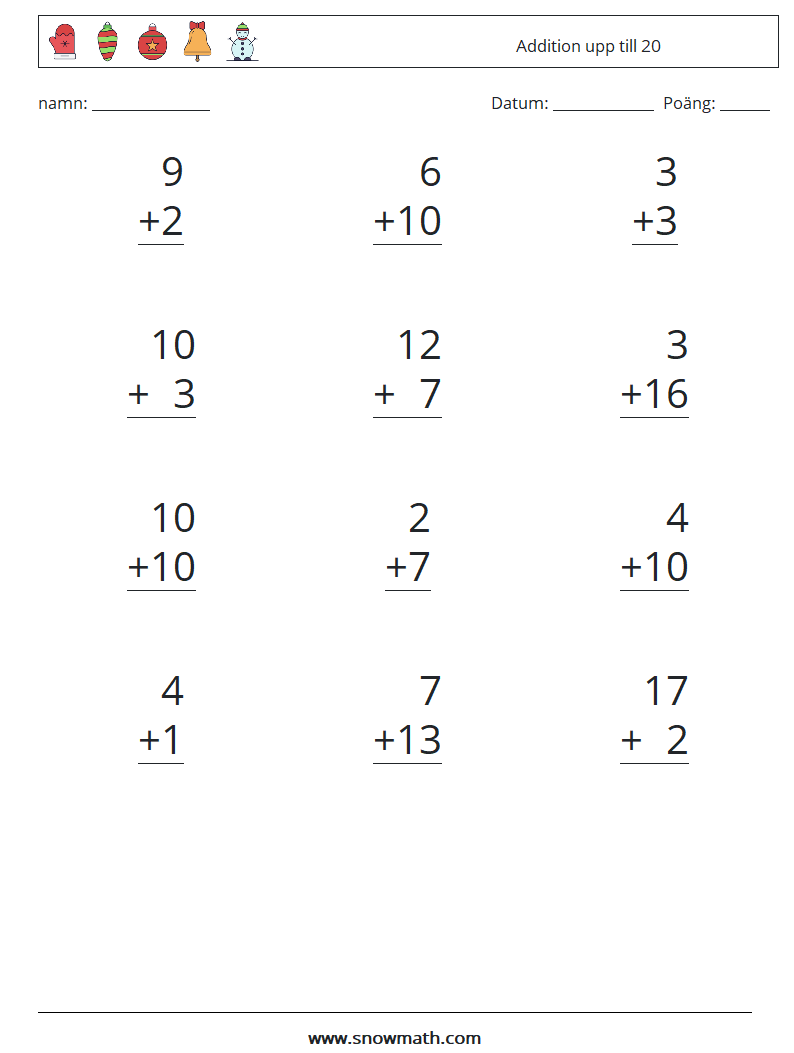 (12) Addition upp till 20 Matematiska arbetsblad 10