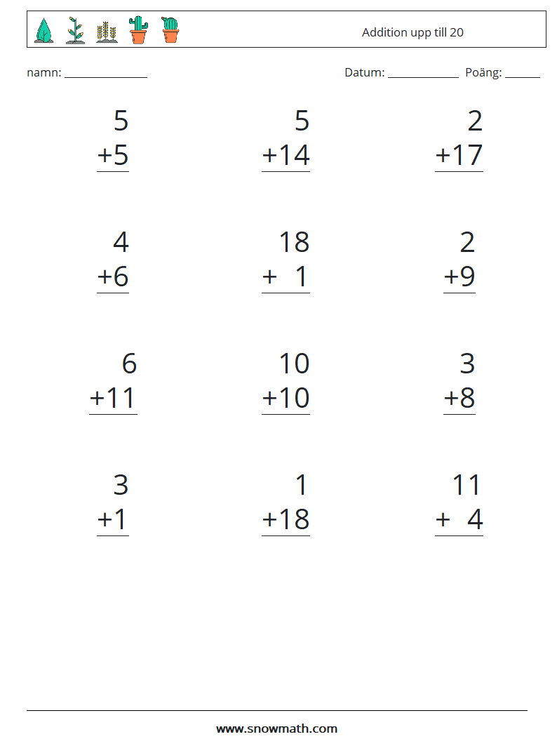 (12) Addition upp till 20 Matematiska arbetsblad 11